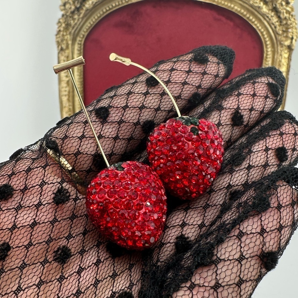 Cute Strawberry Crystal Gold Stems Drop Earrings